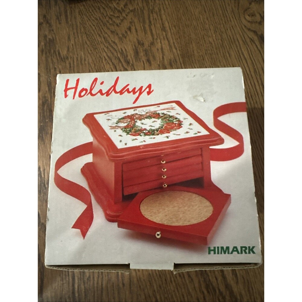 Vintage Himark 7 Piece Victorian Wood Coaster Set Holiday Christmas New